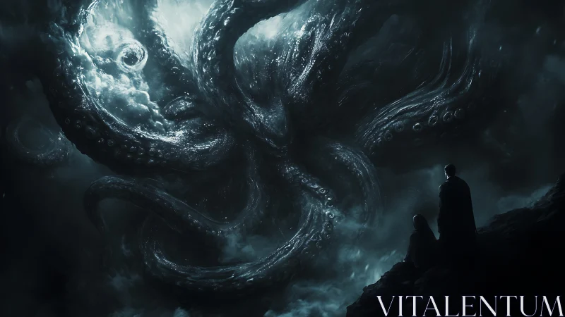 Colossal cosmic leviathan looms above two fearful watchers