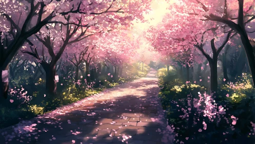 Sunlit pathway under pink blossoming trees in spring grove.