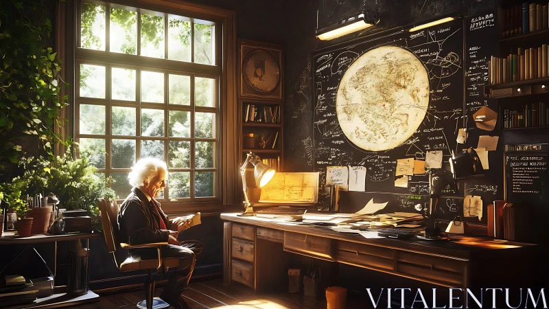 Luminous cartographic study in a cluttered analytical studio.