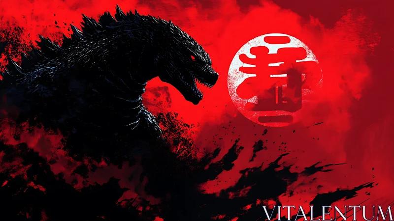 Godzilla silhouette against red Japanese sun symbol.