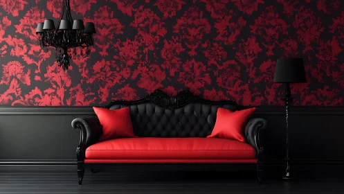 Black and red baroque sofa in dramatic living room interior.