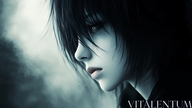 Melancholic side-profile portrait with ethereal teal lighting.