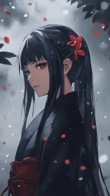 Dark-haired anime girl in kimono with red hair ornament.