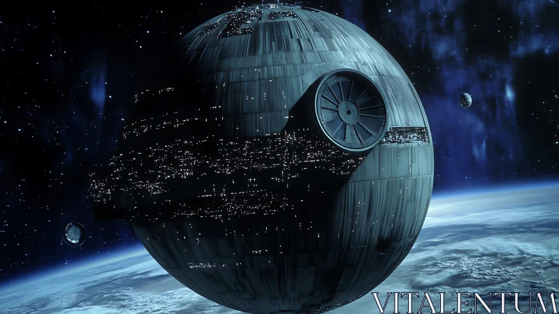 Massive spherical battle station orbiting a blue planet.