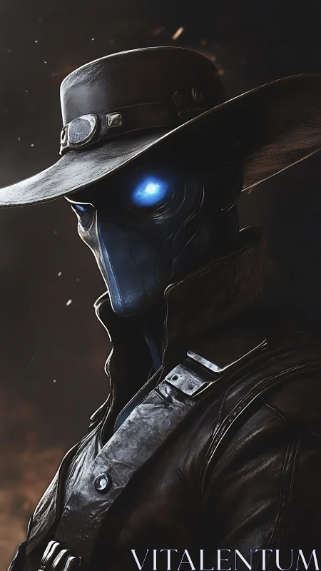 Lone cyber gunslinger with glowing eyes in twilight haze.