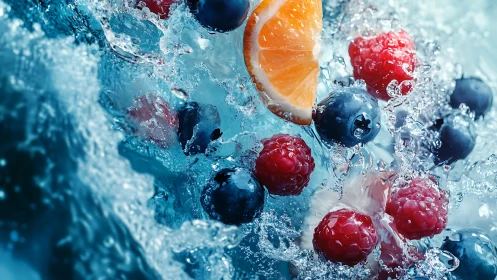 Citrus wedge and mixed berries suspended in dynamic water splash