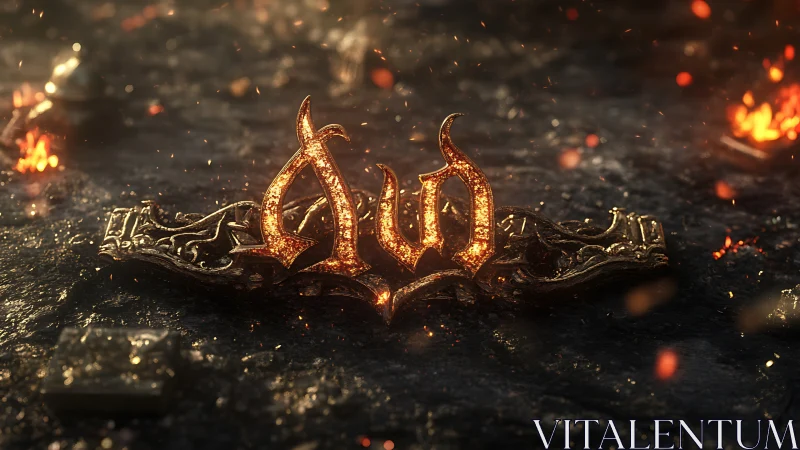 Molten gothic emblem on ornate metal crest in embers.