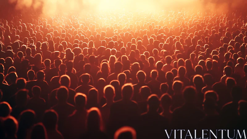 Warm crowd gathered under glowing golden light together.