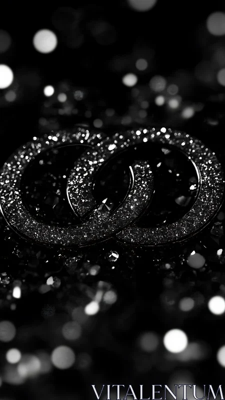Gleaming intertwined rings in soft black bokeh glow.
