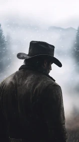 Lone cowboy in snowfall against misty alpine forest backdrop.