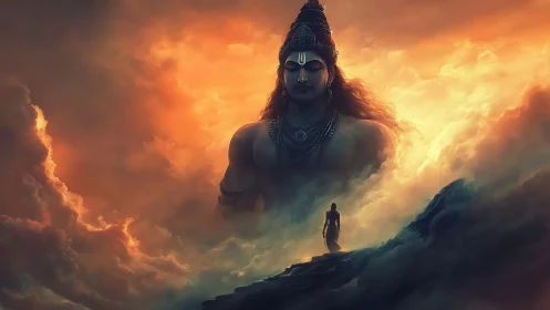 Colossal deity figure above lone figure in glowing clouds.