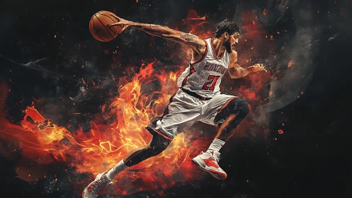 Dynamic basketball player in midair amid fiery motion trails