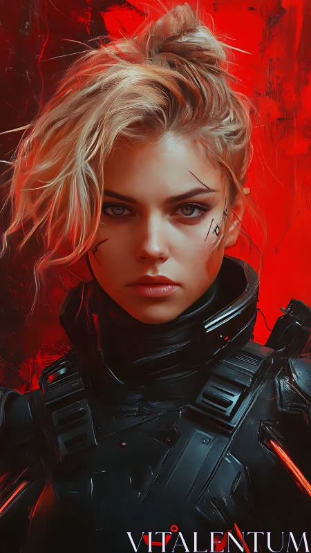 Fierce cyber warrior in glowing red futuristic armor.