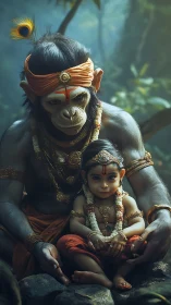 Primate-headed adult and child figure in forest setting.