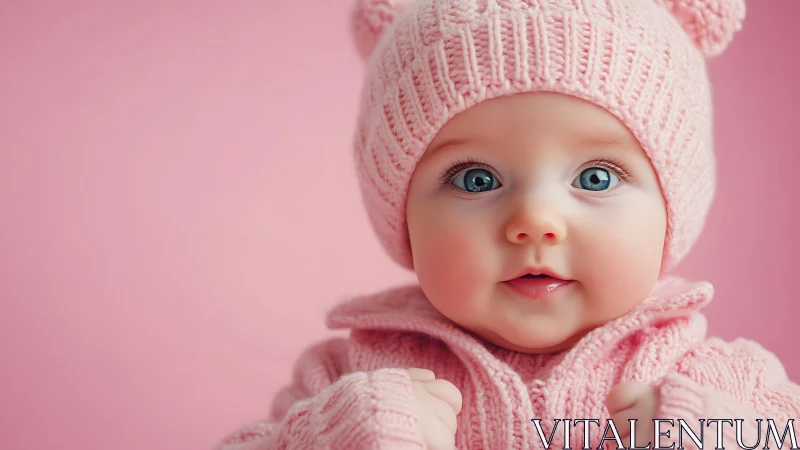 Infant Portrait with Knitted Pink Accessories on Monochromatic Background.