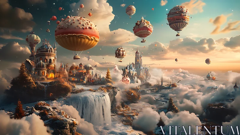 Fantastical sky kingdom with dessert-shaped airships.