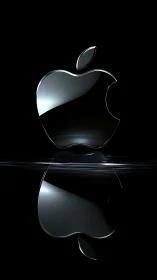 Glossy chrome apple emblem floating over liquid shadow.