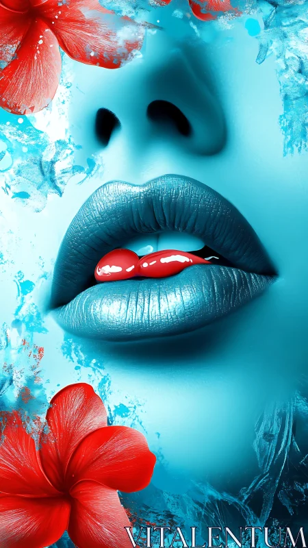 Icy blue lips cradle vivid red petals in bold contrast