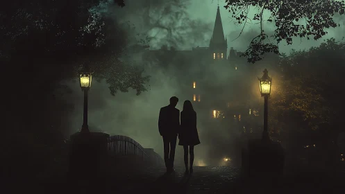 Silhouetted couple on misty bridge before gothic manor.