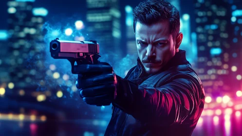 Man extends handgun toward viewer in neon-lit urban setting