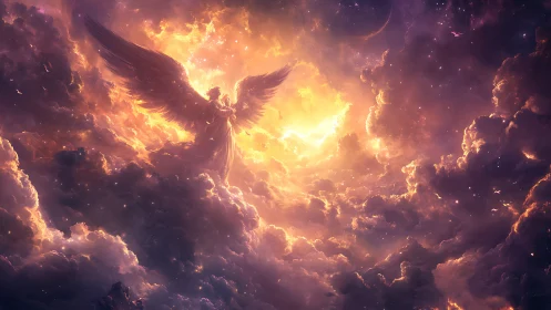 Winged angelic figure rises through luminous cosmic clouds