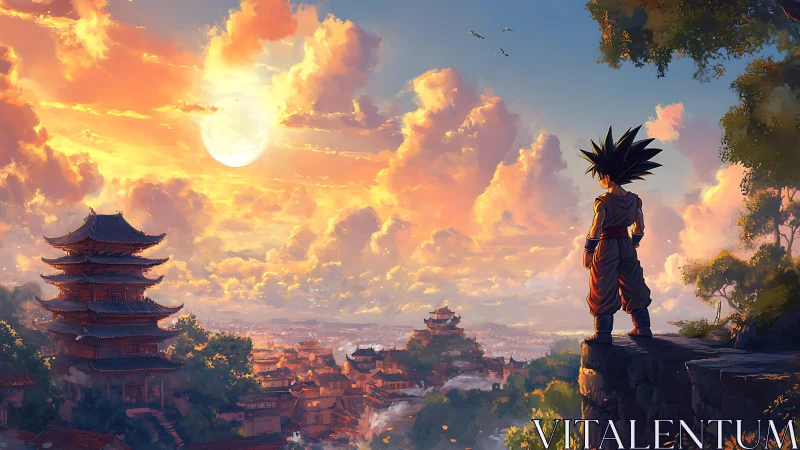 Anime warrior overlooking sunset city and temples.