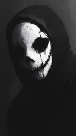 Hooded skull mask in stark monochrome horror portrait.