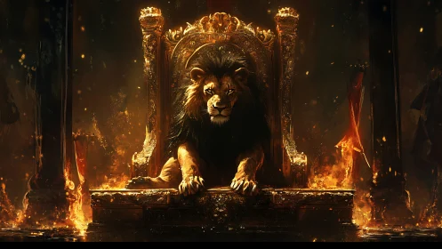 Majestic lion king resting on a burning golden throne.