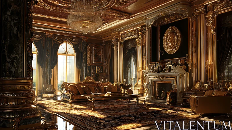 Opulent baroque palace salon in golden afternoon light.