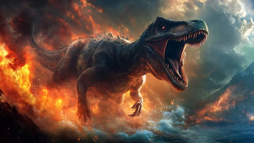 Digital tyrannosaur model stands amid fire and ocean spray