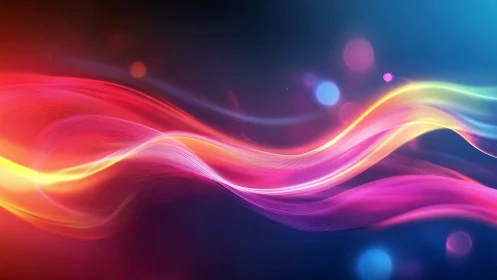 Multicolored light wave bands on dark gradient background.