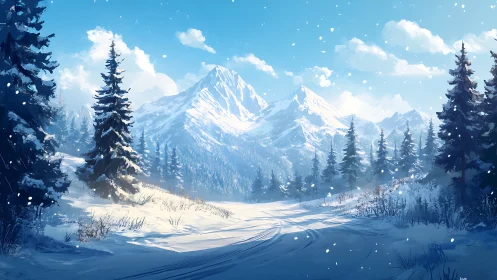 High-altitude conifer forest under fresh alpine snowfall panorama