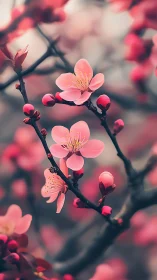 Pink cherry blossoms bloom on dark branches with buds