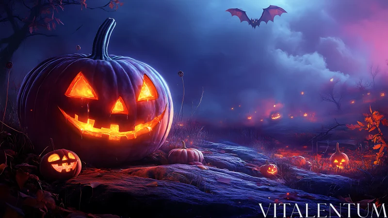 Large carved jack o lantern in foggy night landscape.