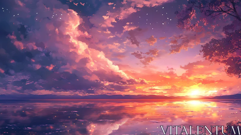 Radiant sunset clouds blaze above a tranquil reflective lake.