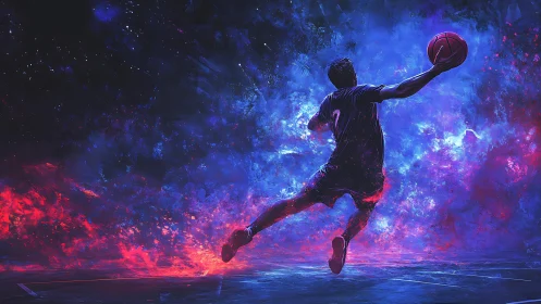 Silhouette basketball player jumps across abstract neon court