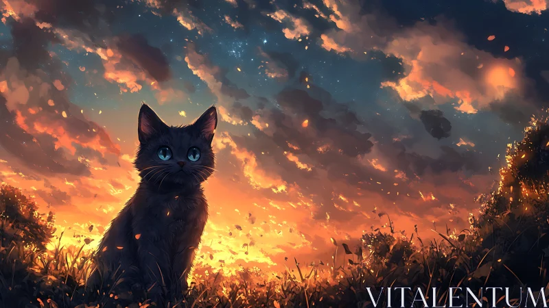 Black Cat Silhouette Against Apocalyptic Sunset Sky.