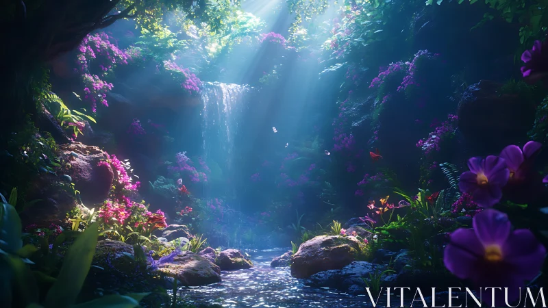 Volumetric light cascades over dense floral canyon waterfall