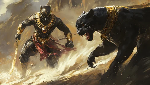 Armored Warrior Confronting Predatory Beast in Golden Combat Arena.