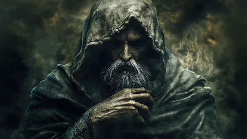 Hooded elder sorcerer rendered in high-contrast digital chiaroscuro