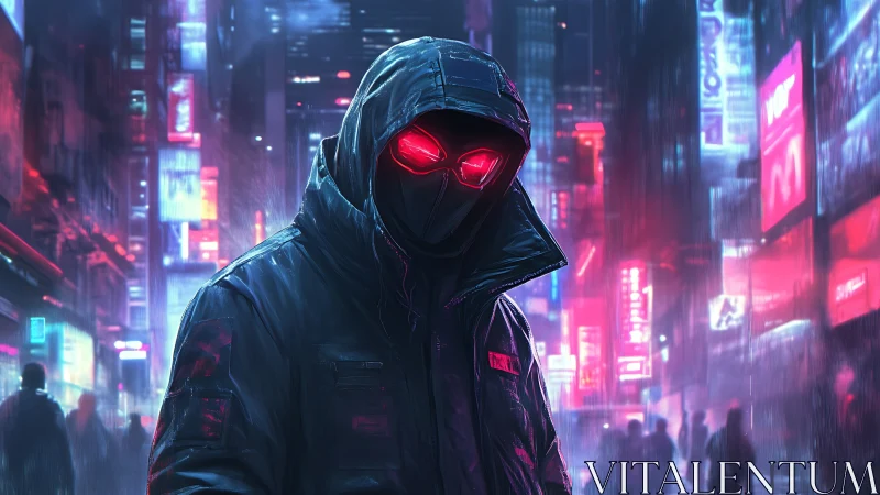 Hooded cybernetic vigilante with neon red optics in rainy megacity