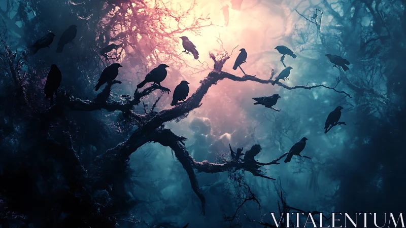 Flock of crows gathers on twisted branches at eerie dawn.