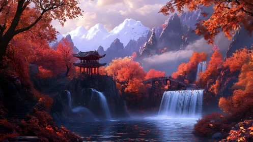 Autumn pagoda valley with cascading waterfalls and snow peaks.