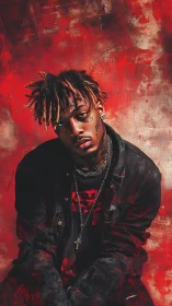 High-contrast portrait with textured red backdrop and dark streetwear