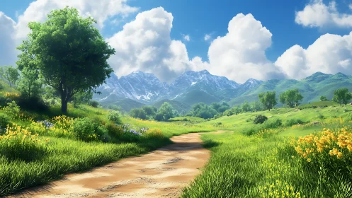 Sunlit mountain path curls through a meadow of waking color