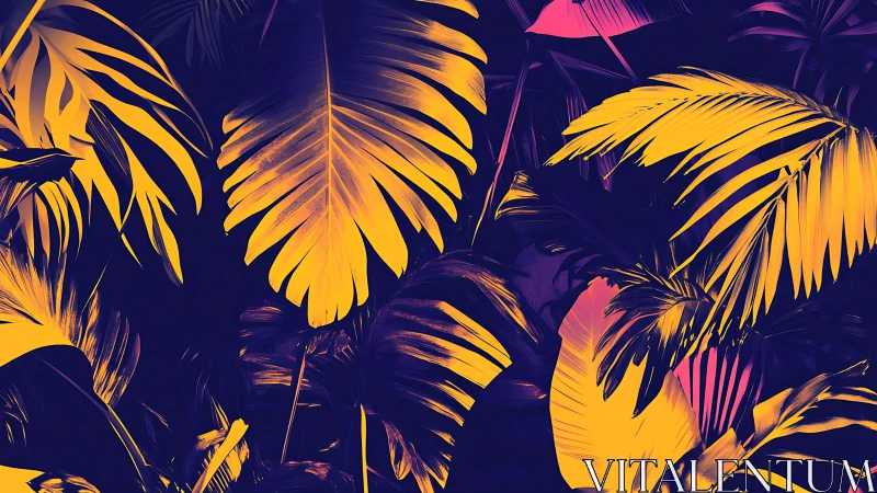 Neon jungle leaves glowing under an ultraviolet twilight hush.