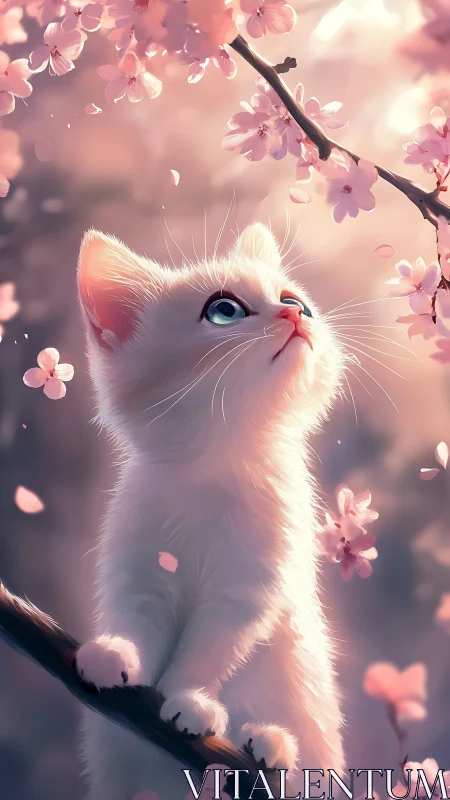 White Kitten Gazes at Blossoming Pink Flowers