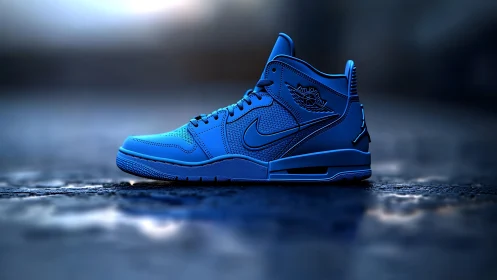 Electric blue sneaker stands bold on wet urban pavement