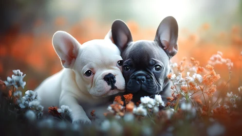 Snuggly Frenchie puppies sharing quiet magic in flowers.