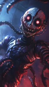 Cybernetic horror android advances with glowing ocular arrays